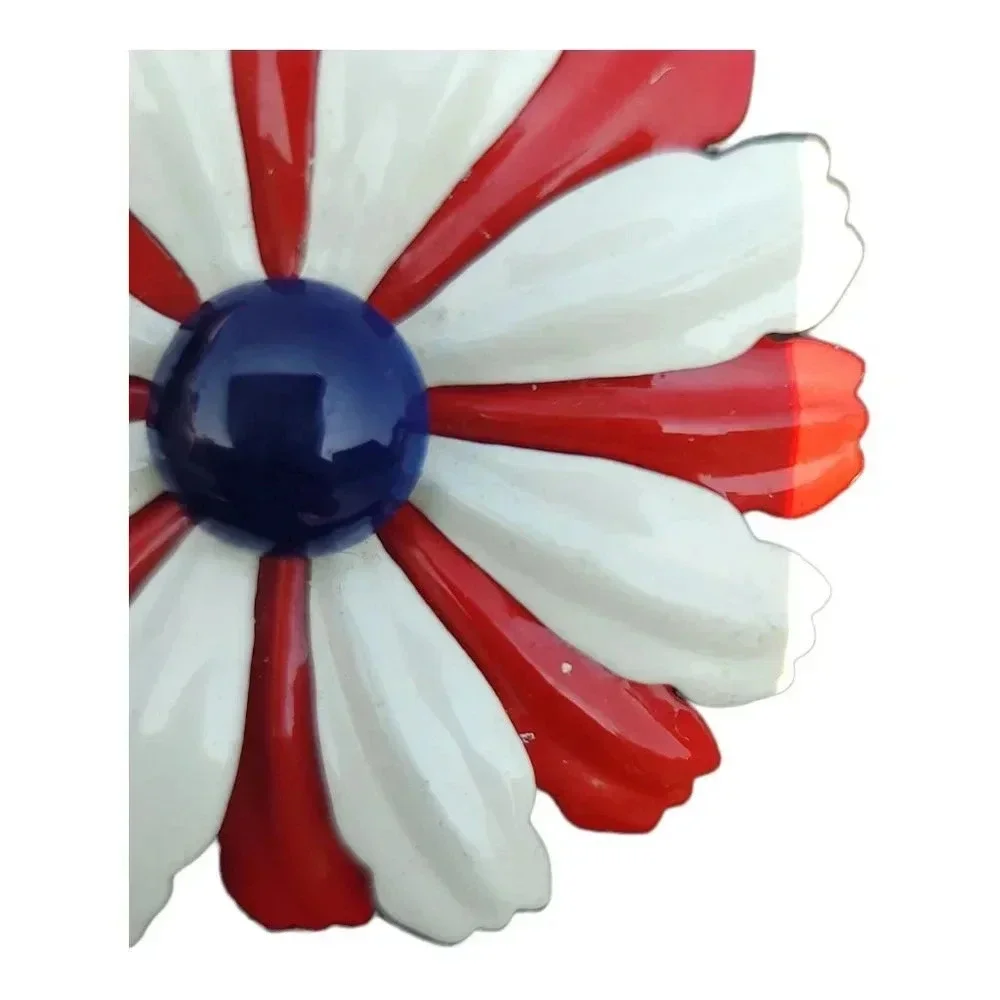 Enamel Red White Blue 1970's Flower Brooch Pin Vintage